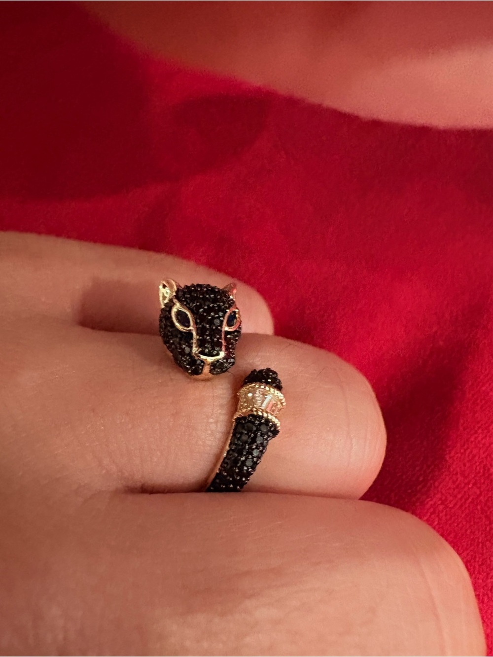 Gold Panther Wrap Ring with Black Pavé Stones- adjustable ring